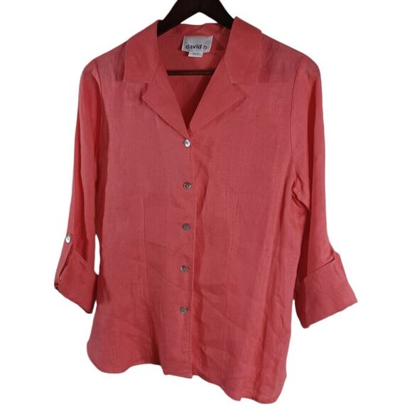 David N 100% Linen Womens Button Up Shirt M Coral Pink Collared Lightweight Top - Picture 3 of 7